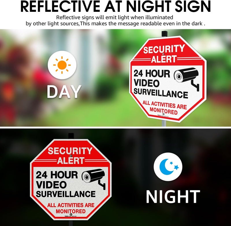 Faittoo Security Sign Video Surveillance Sign with 36" Stake for Outside, 2-Pack 12"x12" Rust Free Heavy Aluminum, Reflective, Fade Resistant, 2 pre-drilled holes, Includes Matching Screws & Wrench, - Image 5